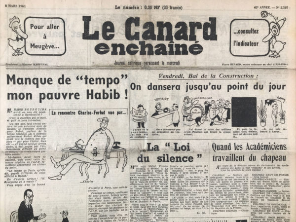 Couac ! | N° 2107 du Canard Enchaîné - 8 Mars 1961 | Nos Exemplaires du Canard Enchaîné sont archivés dans de bonnes conditions de conservation (obscurité, hygrométrie maitrisée et faible température), ce qui s'avère indispensable pour des journaux anciens. | 2107