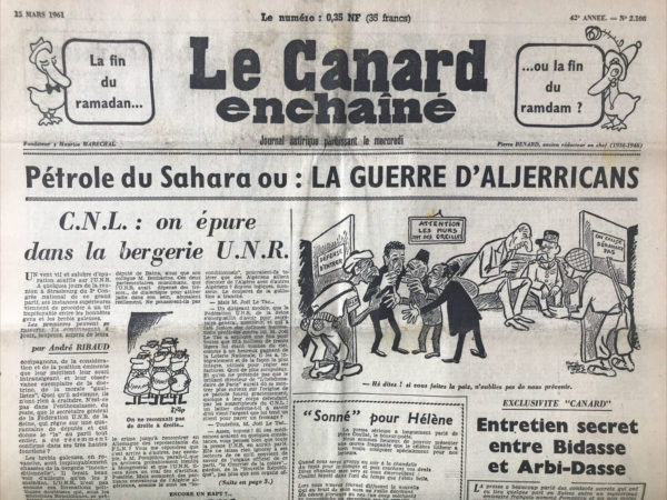 Couac ! | N° 2108 du Canard Enchaîné - 15 Mars 1961 | Nos Exemplaires du Canard Enchaîné sont archivés dans de bonnes conditions de conservation (obscurité, hygrométrie maitrisée et faible température), ce qui s'avère indispensable pour des journaux anciens. | 2108