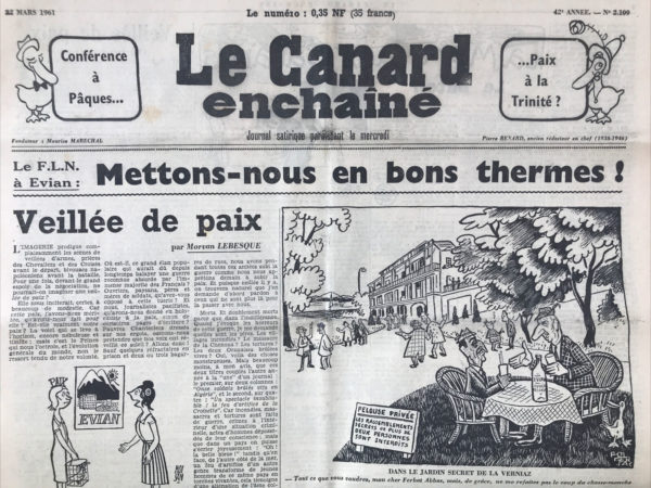 Couac ! | N° 2109 du Canard Enchaîné - 22 Mars 1961 | Nos Exemplaires du Canard Enchaîné sont archivés dans de bonnes conditions de conservation (obscurité, hygrométrie maitrisée et faible température), ce qui s'avère indispensable pour des journaux anciens. | 2109