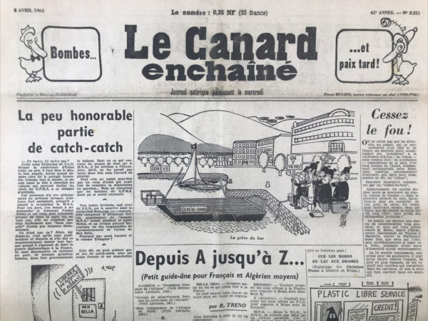 Couac ! | N° 2111 du Canard Enchaîné - 5 Avril 1961 | Nos Exemplaires du Canard Enchaîné sont archivés dans de bonnes conditions de conservation (obscurité, hygrométrie maitrisée et faible température), ce qui s'avère indispensable pour des journaux anciens. | 2111