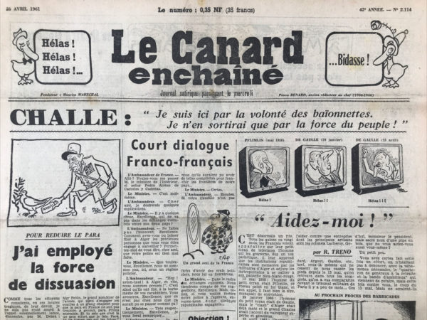 Couac ! | N° 2114 du Canard Enchaîné - 26 Avril 1961 | Nos Exemplaires du Canard Enchaîné sont archivés dans de bonnes conditions de conservation (obscurité, hygrométrie maitrisée et faible température), ce qui s'avère indispensable pour des journaux anciens. | 2114