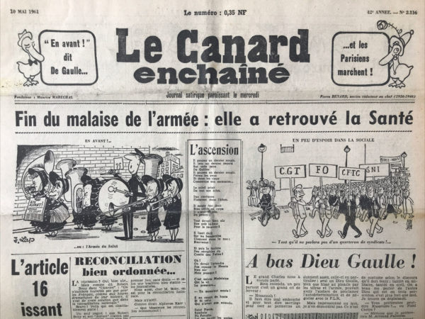 Couac ! | N° 2116 du Canard Enchaîné - 10 Mai 1961 | Nos Exemplaires du Canard Enchaîné sont archivés dans de bonnes conditions de conservation (obscurité, hygrométrie maitrisée et faible température), ce qui s'avère indispensable pour des journaux anciens. | 2116