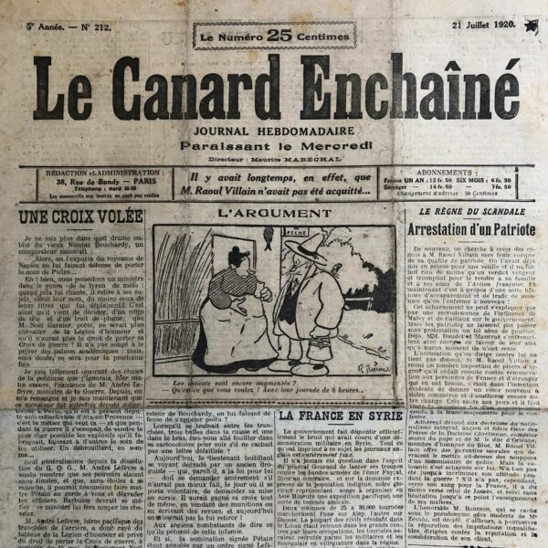 Couac ! | N° 212 du Canard Enchaîné - 21 Juillet 1920 | Nos Exemplaires du Canard Enchaîné sont archivés dans de bonnes conditions de conservation (obscurité, hygrométrie maitrisée et faible température), ce qui s'avère indispensable pour des journaux anciens. | 212 rotated