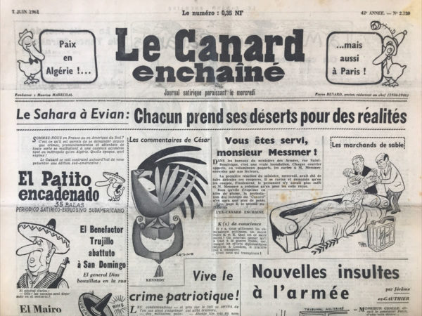 Couac ! | N° 2120 du Canard Enchaîné - 7 Juin 1961 | Nos Exemplaires du Canard Enchaîné sont archivés dans de bonnes conditions de conservation (obscurité, hygrométrie maitrisée et faible température), ce qui s'avère indispensable pour des journaux anciens. | 2120