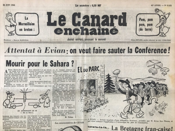 Couac ! | N° 2121 du Canard Enchaîné - 14 Juin 1961 | Nos Exemplaires du Canard Enchaîné sont archivés dans de bonnes conditions de conservation (obscurité, hygrométrie maitrisée et faible température), ce qui s'avère indispensable pour des journaux anciens. | 2121