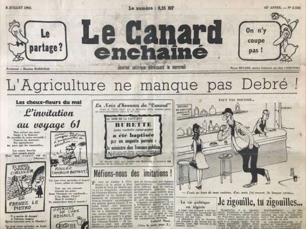 Couac ! | N° 2124 du Canard Enchaîné - 5 Juillet 1961 | Nos Exemplaires du Canard Enchaîné sont archivés dans de bonnes conditions de conservation (obscurité, hygrométrie maitrisée et faible température), ce qui s'avère indispensable pour des journaux anciens. | 2124