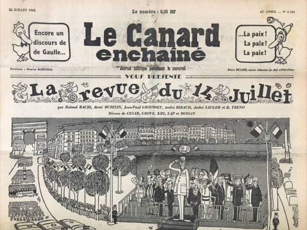 Couac ! | N° 2125 du Canard Enchaîné - 12 Juillet 1961 | Visite de Pierre Châtelain-Tailhade à Céline, faisant son compte rendu en page 2, et qui se termine par ces mots : « Céline, j’irai bientôt vous revoir. En ami. Vous serez moins bavard que jamais. Nous échangerons des silences. Mais je vous chuchoterai tout de même que votre pierre tombale est digne de porter cette devise que, géniale tête de lard, vous dictiez naguère à Paraz : « Sur ma tombe, une seule épitaphe : “NON !”." | 2125