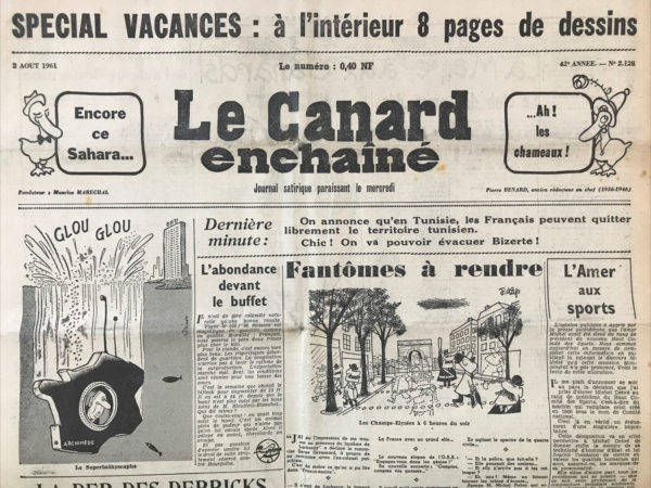 Couac ! | N° 2128 du Canard Enchaîné - 2 Août 1961 | Nos Exemplaires du Canard Enchaîné sont archivés dans de bonnes conditions de conservation (obscurité, hygrométrie maitrisée et faible température), ce qui s'avère indispensable pour des journaux anciens. | 2128