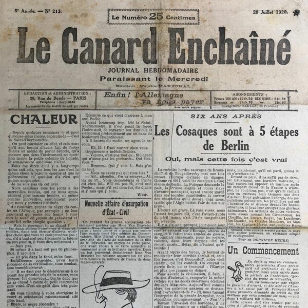 Couac ! | N° 213 du Canard Enchaîné - 28 Juillet 1920 | Nos Exemplaires du Canard Enchaîné sont archivés dans de bonnes conditions de conservation (obscurité, hygrométrie maitrisée et faible température), ce qui s'avère indispensable pour des journaux anciens. | 213 rotated