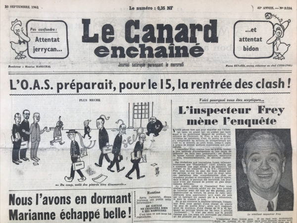 Couac ! | N° 2134 du Canard Enchaîné - 13 Septembre 1961 | Nos Exemplaires du Canard Enchaîné sont archivés dans de bonnes conditions de conservation (obscurité, hygrométrie maitrisée et faible température), ce qui s'avère indispensable pour des journaux anciens. | 2134