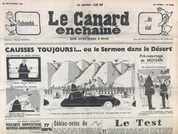 Couac ! | N° 2135 du Canard Enchaîné - 20 Septembre 1961 | Nos Exemplaires du Canard Enchaîné sont archivés dans de bonnes conditions de conservation (obscurité, hygrométrie maitrisée et faible température), ce qui s'avère indispensable pour des journaux anciens. | 2135