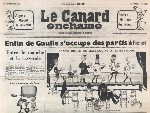 Couac ! | N° 2136 du Canard Enchaîné - 27 Septembre 1961 | Nos Exemplaires du Canard Enchaîné sont archivés dans de bonnes conditions de conservation (obscurité, hygrométrie maitrisée et faible température), ce qui s'avère indispensable pour des journaux anciens. | 2136