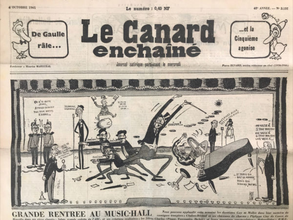 Couac ! | N° 2137 du Canard Enchaîné - 4 Octobre 1961 | Nos Exemplaires du Canard Enchaîné sont archivés dans de bonnes conditions de conservation (obscurité, hygrométrie maitrisée et faible température), ce qui s'avère indispensable pour des journaux anciens. | 2137