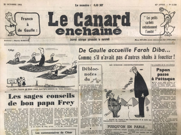 Couac ! | N° 2138 du Canard Enchaîné - 11 Octobre 1961 | Nos Exemplaires du Canard Enchaîné sont archivés dans de bonnes conditions de conservation (obscurité, hygrométrie maitrisée et faible température), ce qui s'avère indispensable pour des journaux anciens. | 2138