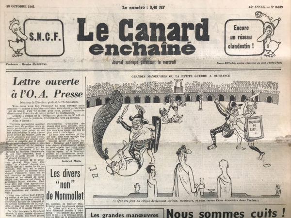 Couac ! | N° 2139 du Canard Enchaîné - 18 Octobre 1961 | Nos Exemplaires du Canard Enchaîné sont archivés dans de bonnes conditions de conservation (obscurité, hygrométrie maitrisée et faible température), ce qui s'avère indispensable pour des journaux anciens. | 2139