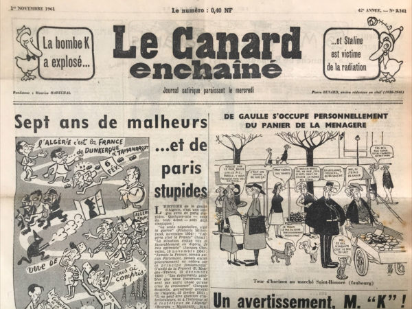 Couac ! | N° 2141 du Canard Enchaîné - 1 Novembre 1961 | Nos Exemplaires du Canard Enchaîné sont archivés dans de bonnes conditions de conservation (obscurité, hygrométrie maitrisée et faible température), ce qui s'avère indispensable pour des journaux anciens. | 2141