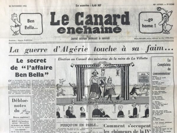 Couac ! | N° 2143 du Canard Enchaîné - 15 Novembre 1961 | Nos Exemplaires du Canard Enchaîné sont archivés dans de bonnes conditions de conservation (obscurité, hygrométrie maitrisée et faible température), ce qui s'avère indispensable pour des journaux anciens. | 2143 e1708205331434