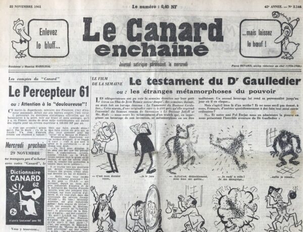 Couac ! | N° 2144 du Canard Enchaîné - 22 Novembre 1961 | Nos Exemplaires du Canard Enchaîné sont archivés dans de bonnes conditions de conservation (obscurité, hygrométrie maitrisée et faible température), ce qui s'avère indispensable pour des journaux anciens. | 2144 1 e1708205226383