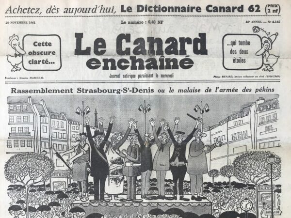 Couac ! | N° 2145 du Canard Enchaîné - 29 Novembre 1961 | Nos Exemplaires du Canard Enchaîné sont archivés dans de bonnes conditions de conservation (obscurité, hygrométrie maitrisée et faible température), ce qui s'avère indispensable pour des journaux anciens. | 2145 e1708240856640