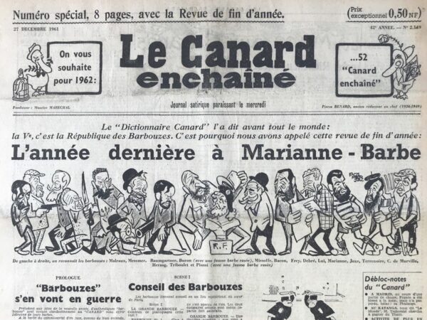 Couac ! | N° 2149 du Canard Enchaîné - 27 Décembre 1961 | Nos Exemplaires du Canard Enchaîné sont archivés dans de bonnes conditions de conservation (obscurité, hygrométrie maitrisée et faible température), ce qui s'avère indispensable pour des journaux anciens. | 2149 1 e1708197037617