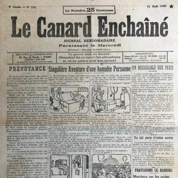 Couac ! | N° 215 du Canard Enchaîné - 11 Août 1920 | Nos Exemplaires du Canard Enchaîné sont archivés dans de bonnes conditions de conservation (obscurité, hygrométrie maitrisée et faible température), ce qui s'avère indispensable pour des journaux anciens. | 215 1 rotated