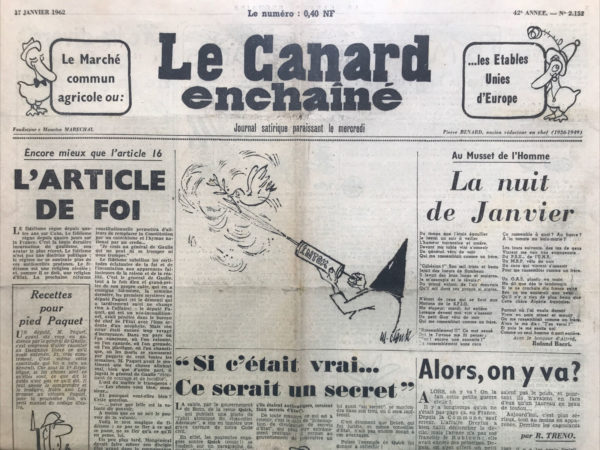 Couac ! | N° 2152 du Canard Enchaîné - 17 Janvier 1962 | Nos Exemplaires du Canard Enchaîné sont archivés dans de bonnes conditions de conservation (obscurité, hygrométrie maitrisée et faible température), ce qui s'avère indispensable pour des journaux anciens. | 2152