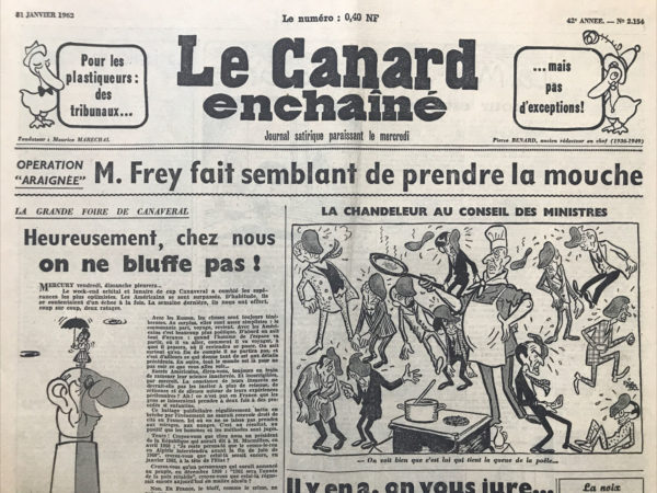 Couac ! | N° 2154 du Canard Enchaîné - 31 Janvier 1962 | Nos Exemplaires du Canard Enchaîné sont archivés dans de bonnes conditions de conservation (obscurité, hygrométrie maitrisée et faible température), ce qui s'avère indispensable pour des journaux anciens. | 2154