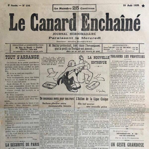 Couac ! | N° 216 du Canard Enchaîné - 18 Août 1920 | Nos Exemplaires du Canard Enchaîné sont archivés dans de bonnes conditions de conservation (obscurité, hygrométrie maitrisée et faible température), ce qui s'avère indispensable pour des journaux anciens. | 216 rotated