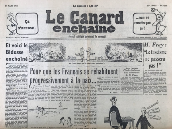 Couac ! | N° 2160 du Canard Enchaîné - 14 Mars 1962 | Pour que les Français se réhabituent progressivement à la paix... par R. Tréno. Depuis 23 ans, les français sont en guerre, sur différents fronts. les pourparlers avec le F.L.N. n'en finissent pas, et l'O.A.S. n'en finit pas non plus avec ses attentats. | 2160