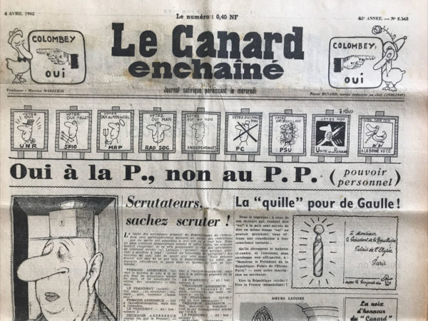 Couac ! | N° 2163 du Canard Enchaîné - 4 Avril 1962 | Nos Exemplaires du Canard Enchaîné sont archivés dans de bonnes conditions de conservation (obscurité, hygrométrie maitrisée et faible température), ce qui s'avère indispensable pour des journaux anciens. | 2163