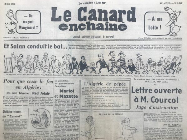 Couac ! | N° 2167 du Canard Enchaîné - 2 Mai 1962 | Nos Exemplaires du Canard Enchaîné sont archivés dans de bonnes conditions de conservation (obscurité, hygrométrie maitrisée et faible température), ce qui s'avère indispensable pour des journaux anciens. | 2167 1