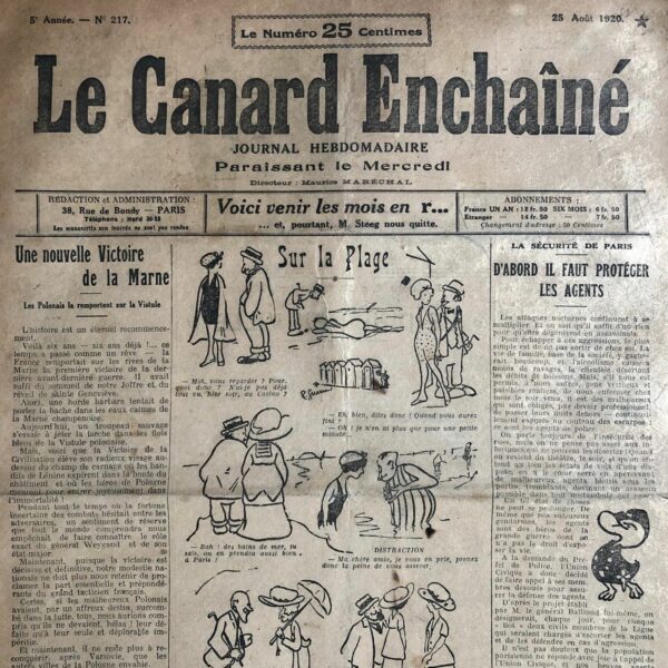 Couac ! | N° 217 du Canard Enchaîné - 25 Août 1920 | Nos Exemplaires du Canard Enchaîné sont archivés dans de bonnes conditions de conservation (obscurité, hygrométrie maitrisée et faible température), ce qui s'avère indispensable pour des journaux anciens. | 217