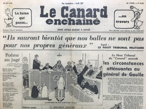 Couac ! | N° 2171 du Canard Enchaîné - 30 Mai 1962 | Nos Exemplaires du Canard Enchaîné sont archivés dans de bonnes conditions de conservation (obscurité, hygrométrie maitrisée et faible température), ce qui s'avère indispensable pour des journaux anciens. | 2171