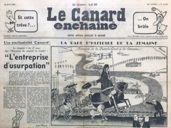 Couac ! | N° 2173 du Canard Enchaîné - 13 Juin 1962 | Holà ! les Grandes Gueules ! Laisserez-vous mourir Louis Lecoin ? par Henri Jeanson. Jeanson interpelle les intellectuels (Mauriac, Malraux, Sartre, Fouchet, Paulhan, Galtier-Boissière, Giono,...) pour sauver Lecoin, 74 ans et qui poursuit sa grève de la faim, rappelant à de Gaulle sa promesse de création d'un statut d'objecteur de conscience... | 2173