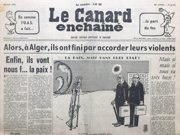 Couac ! | N° 2174 du Canard Enchaîné - 20 Juin 1962 | Nos Exemplaires du Canard Enchaîné sont archivés dans de bonnes conditions de conservation (obscurité, hygrométrie maitrisée et faible température), ce qui s'avère indispensable pour des journaux anciens. | 2174