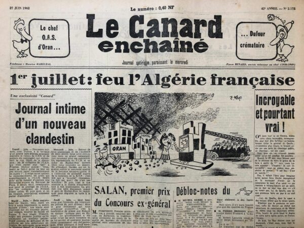 Couac ! | N° 2175 du Canard Enchaîné - 27 Juin 1962 | Chroniques de la Cour, d’André Ribaud -Lettre de pardon du général Salan, alors en prison, sur les événements d’Algérie et le putsch avorté de l’année précédente. Rappel de la fureur du Président envers Jean Foyer, garde des Sceaux, quand le Haut Tribunal Militaire avait refusé de condamner à mort Salan, mais le condamnant à la prison à perpétuité. Ce même Jean Foyer ne respecta pas la volonté du Président, en condamnant à perpétuité le général Jouhaud qui devait être exécuté. Préparation de la venue du chancelier allemand. Mariage de la nièce d’Yvonne De Gaulle. Révolte des paysans bretons. | 2175 1