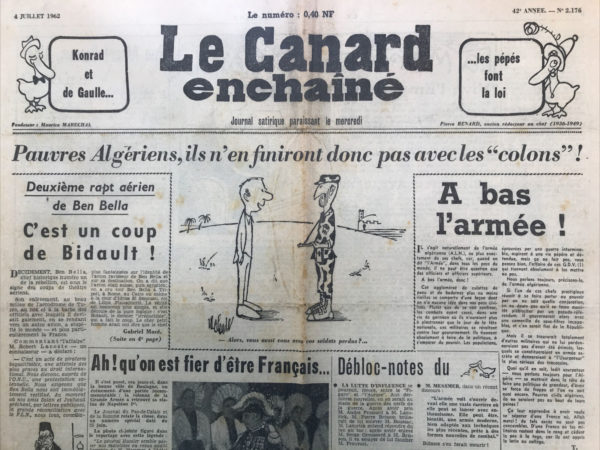 Couac ! | N° 2176 du Canard Enchaîné - 4 Juillet 1962 | Chroniques de la Cour, d’André Ribaud -L’Algérie devient officiellement indépendante le 1er juillet. Le 2, Konrad Adenauer y fait une visite officielle. Querelle entre Ben Bella et Ben Khedda pour le pouvoir en Algérie. De Gaulle s’en mêle, discrètement. Fête dans les jardins de l’Élysée… mais beaucoup d’invités déclinèrent l’événement. | 2176