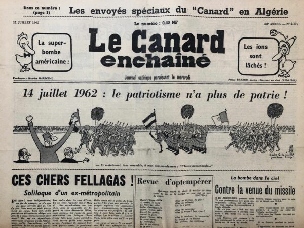 Couac ! | N° 2177 du Canard Enchaîné - 11 Juillet 1962 | Nos Exemplaires du Canard Enchaîné sont archivés dans de bonnes conditions de conservation (obscurité, hygrométrie maitrisée et faible température), ce qui s'avère indispensable pour des journaux anciens. | 2177 1