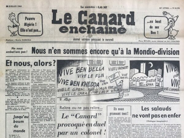 Couac ! | N° 2179 du Canard Enchaîné - 25 Juillet 1962 | Nos Exemplaires du Canard Enchaîné sont archivés dans de bonnes conditions de conservation (obscurité, hygrométrie maitrisée et faible température), ce qui s'avère indispensable pour des journaux anciens. | 2179 1