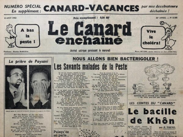 Couac ! | N° 2181 du Canard Enchaîné - 8 Août 1962 | Nos Exemplaires du Canard Enchaîné sont archivés dans de bonnes conditions de conservation (obscurité, hygrométrie maitrisée et faible température), ce qui s'avère indispensable pour des journaux anciens. | 2181 1