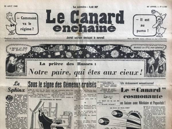 Couac ! | N° 2182 du Canard Enchaîné - 15 Août 1962 | Nos Exemplaires du Canard Enchaîné sont archivés dans de bonnes conditions de conservation (obscurité, hygrométrie maitrisée et faible température), ce qui s'avère indispensable pour des journaux anciens. | 2182