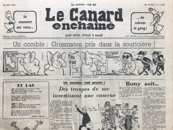 Couac ! | N° 2183 du Canard Enchaîné - 22 Août 1962 | Nos Exemplaires du Canard Enchaîné sont archivés dans de bonnes conditions de conservation (obscurité, hygrométrie maitrisée et faible température), ce qui s'avère indispensable pour des journaux anciens. | 2183