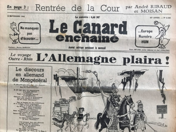 Couac ! | N° 2185 du Canard Enchaîné - 5 Septembre 1962 | Nos Exemplaires du Canard Enchaîné sont archivés dans de bonnes conditions de conservation (obscurité, hygrométrie maitrisée et faible température), ce qui s'avère indispensable pour des journaux anciens. | 2185