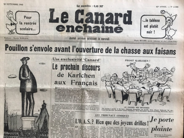 Couac ! | N° 2186 du Canard Enchaîné - 12 Septembre 1962 | Nos Exemplaires du Canard Enchaîné sont archivés dans de bonnes conditions de conservation (obscurité, hygrométrie maitrisée et faible température), ce qui s'avère indispensable pour des journaux anciens. | 2186