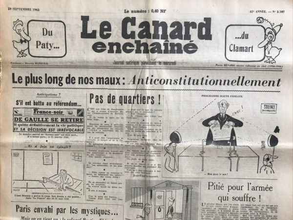 Couac ! | N° 2187 du Canard Enchaîné - 19 Septembre 1962 | Nos Exemplaires du Canard Enchaîné sont archivés dans de bonnes conditions de conservation (obscurité, hygrométrie maitrisée et faible température), ce qui s'avère indispensable pour des journaux anciens. | 2187