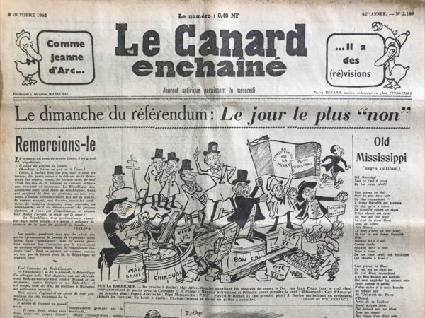 Couac ! | N° 2189 du Canard Enchaîné - 3 Octobre 1962 | Nos Exemplaires du Canard Enchaîné sont archivés dans de bonnes conditions de conservation (obscurité, hygrométrie maitrisée et faible température), ce qui s'avère indispensable pour des journaux anciens. | 2189