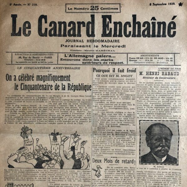 Couac ! | N° 219 du Canard Enchaîné - 8 Septembre 1920 | Nos Exemplaires du Canard Enchaîné sont archivés dans de bonnes conditions de conservation (obscurité, hygrométrie maitrisée et faible température), ce qui s'avère indispensable pour des journaux anciens. | 219