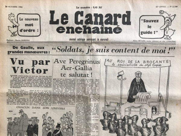 Couac ! | N° 2190 du Canard Enchaîné - 10 Octobre 1962 | Enfin un homme nouveau à Matignon ! par Jean-Paul Grousset. Quasi inconnu au printemps 1962, Pompidou arrive au cabinet du président, puis nommé à Matignon, où il dirigera cinq gouvernements successifs. Ici, Pompidou remplace Pompidou, Grousset se délectant avec humour de cette petite révolution... | 2190