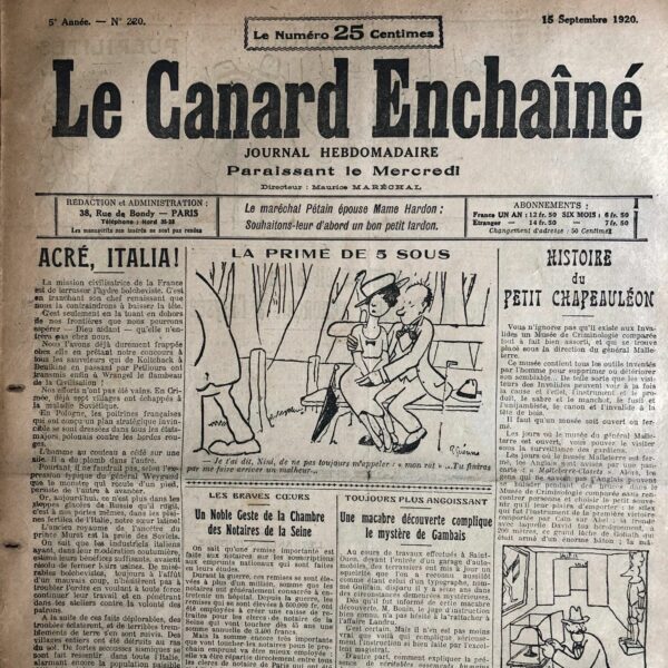 Couac ! | N° 220 du Canard Enchaîné - 15 Septembre 1920 | Nos Exemplaires du Canard Enchaîné sont archivés dans de bonnes conditions de conservation (obscurité, hygrométrie maitrisée et faible température), ce qui s'avère indispensable pour des journaux anciens. | 220 rotated