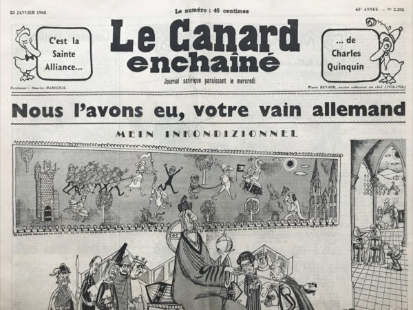 Couac ! | N° 2205 du Canard Enchaîné - 23 Janvier 1963 | Quand les Zuénères ruent dans le budget - Fin des chateaux en Epargne - Le dernier du culte - Pompidou - Giscard - Bidault - Il n'y a plus de parents - Charles Aznavour à l'Olympia - Théâtre : La robe mauve de Valentine, de Françoise Sagan - | 2205